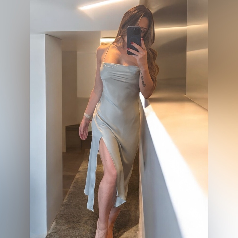 NWOT ASTR The Label Gaia Midi Dress S Light Sage Satin Chic Slit